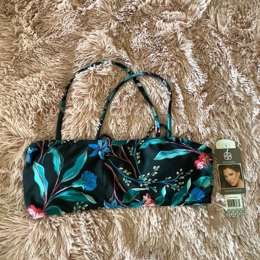 Nwt daisy fuentes bandeau black floral bikini top size 8